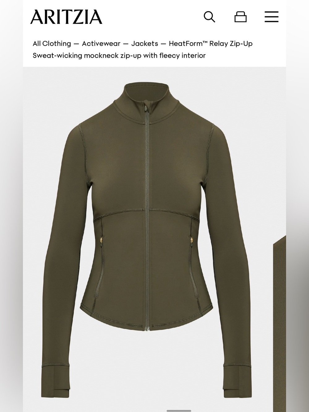 Aritzia Women’s DarkOlive Green Mockneck Zip-Up Jacket